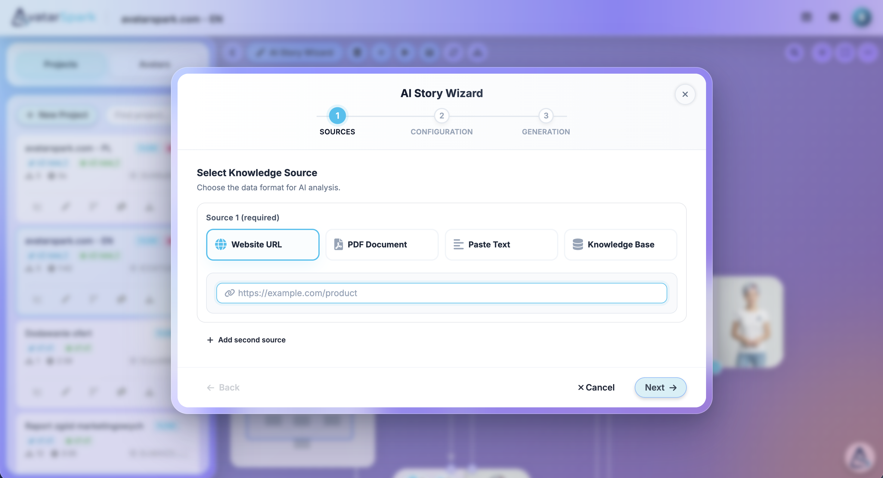 AI Story Wizard content source selection