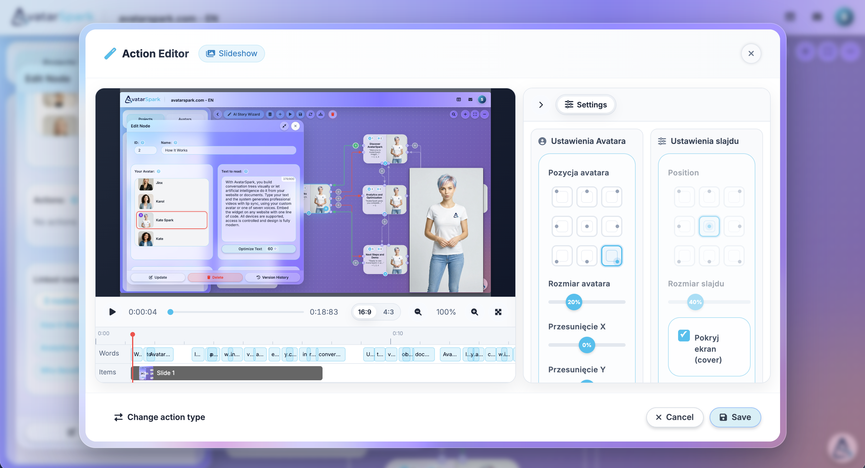 Action Editor with slideshow and avatar settings